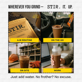 STIR brew poured into a cup showing creamy texture for cozy mornings.