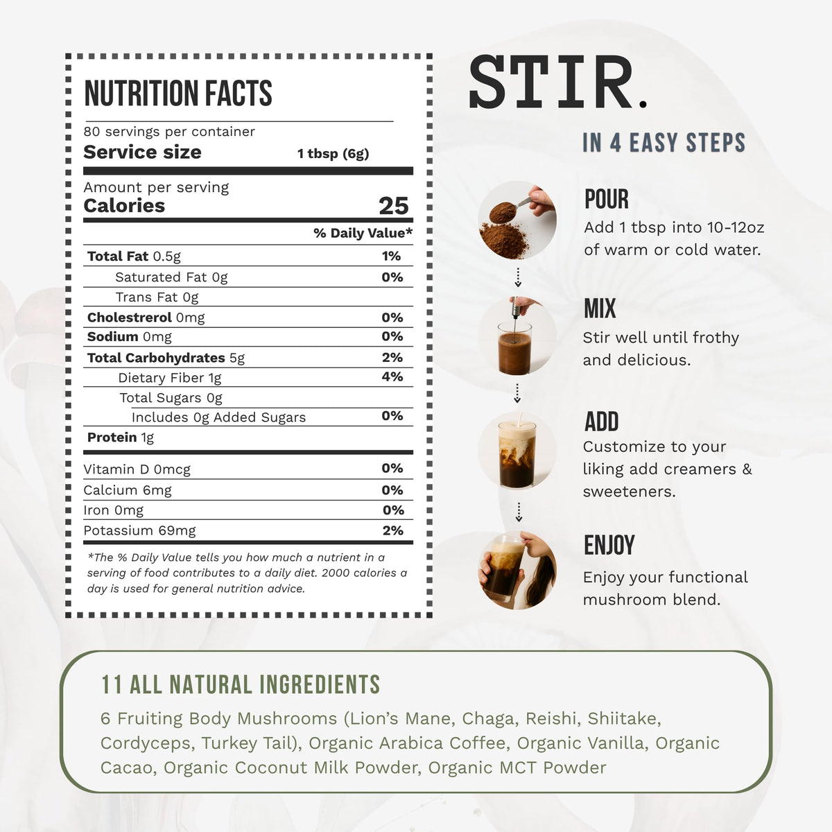 STIR packaging close-up highlighting vanilla notes and coconut MCTs for smooth energy.