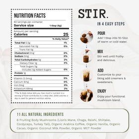 STIR packaging close-up highlighting vanilla notes and coconut MCTs for smooth energy.