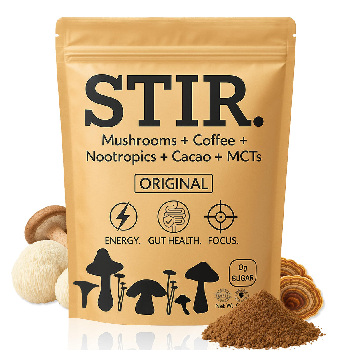 STIR Premium instant mushroom coffee canister with cacao for a smooth morning.
