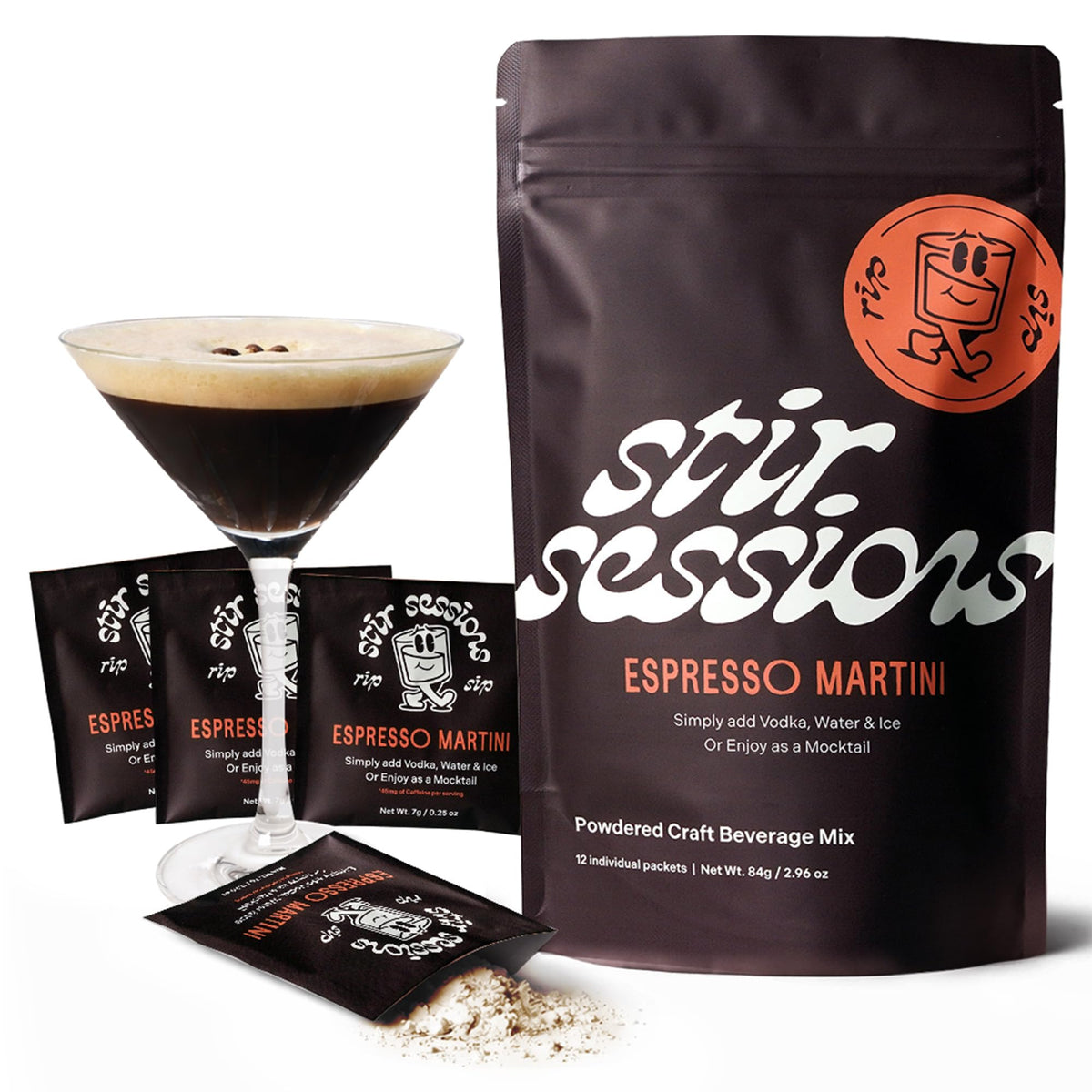 Stir Sessions Espresso Martini drink mix packets, bold flavor and caffeine lift.