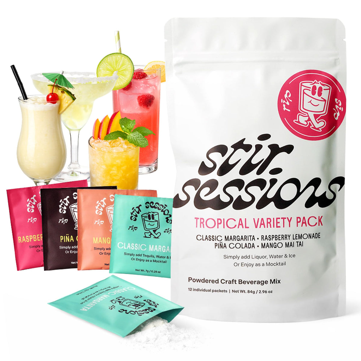 Stir Sessions Raspberry Lemonade packet on a bright bar setup for quick tropical mocktails