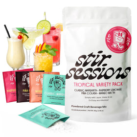 Stir Sessions Raspberry Lemonade packet on a bright bar setup for quick tropical mocktails