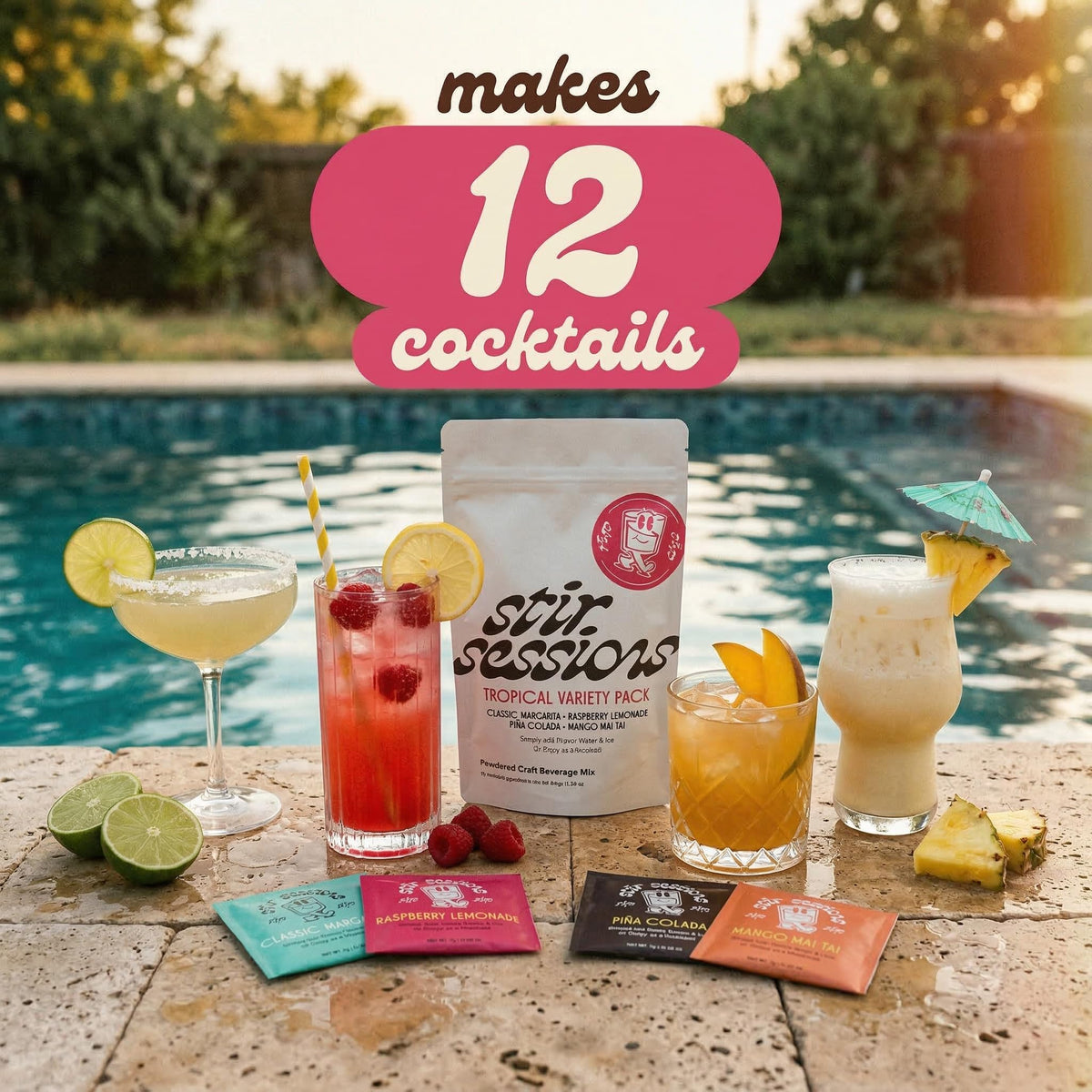 Stir Sessions tropical variety pack travel setup, take-anywhere cocktail solution