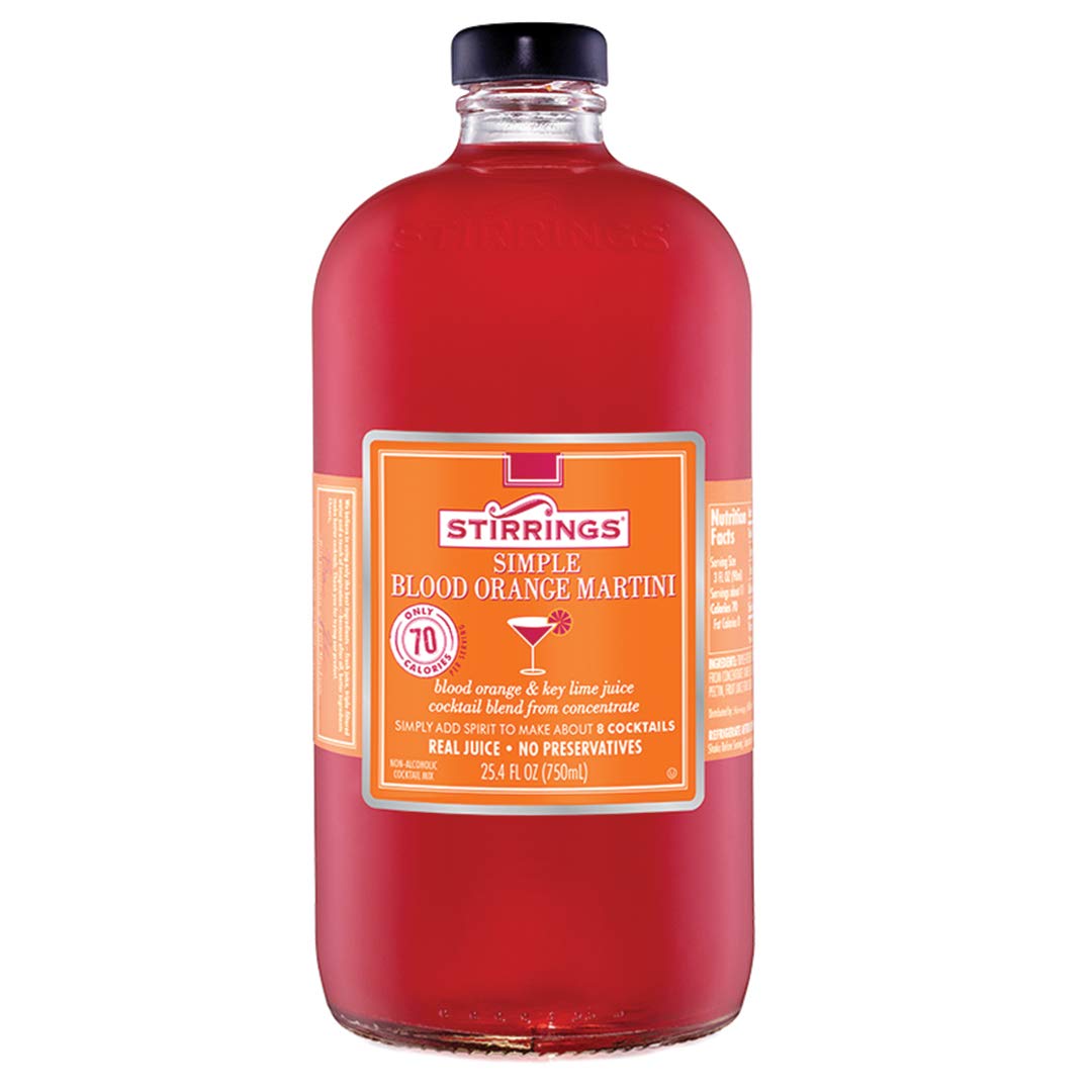 Stirrings Blood Orange Martini Mix bottle close-up highlighting real fruit juice for rich flavor