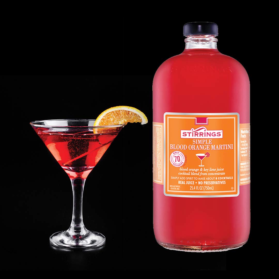 Stirrings Blood Orange Martini Mix bottle label showing no preservatives claim