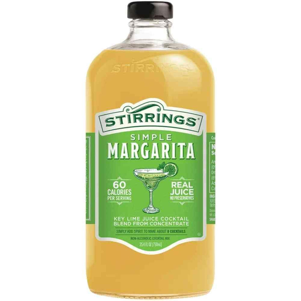 Stirrings Mixer Margarita bottle close-up highlights crisp key lime flavor for cocktails.