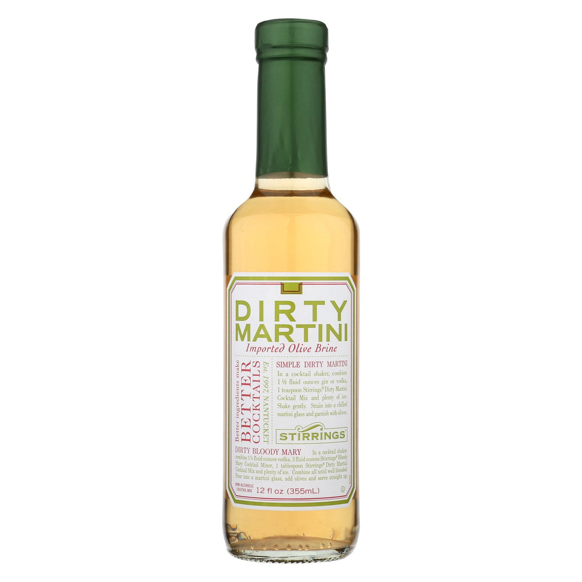 Stirrings Dirty Martini Mixer image highlights olive-forward flavor for effortless home cocktails.
