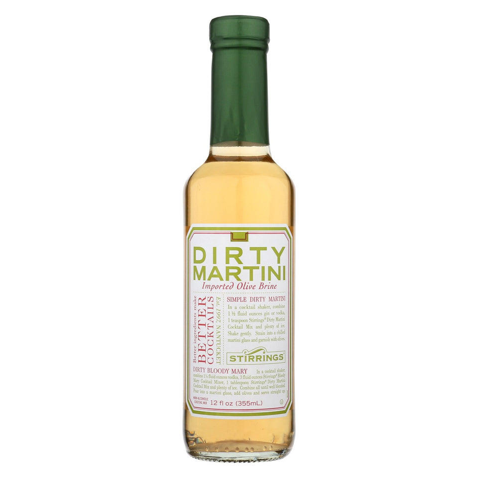 Stirrings Dirty Martini Mixer image highlights olive-forward flavor for effortless home cocktails.
