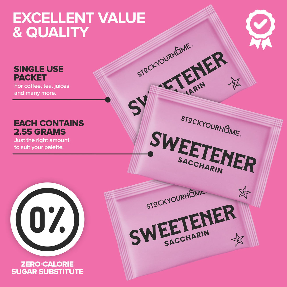 Stock Your Home pink saccharin packets beside a coffee cup for quick sweetening