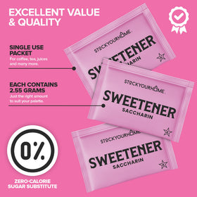 Stock Your Home pink saccharin packets beside a coffee cup for quick sweetening