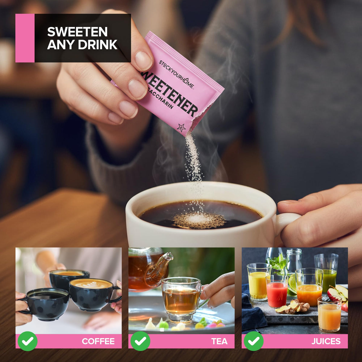 Stock Your Home pink saccharin packets in a kitchen cabinet for home and office use