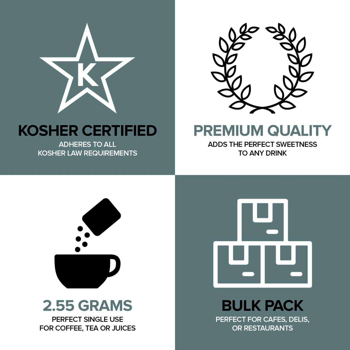 Stock Your Home single-serve 2.55 g sugar packets for customizable sweetness in hot drinks.