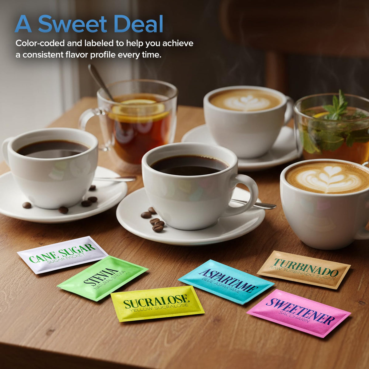 Stock Your Home sweetener assortment supports varied preferences in offices and cafes.