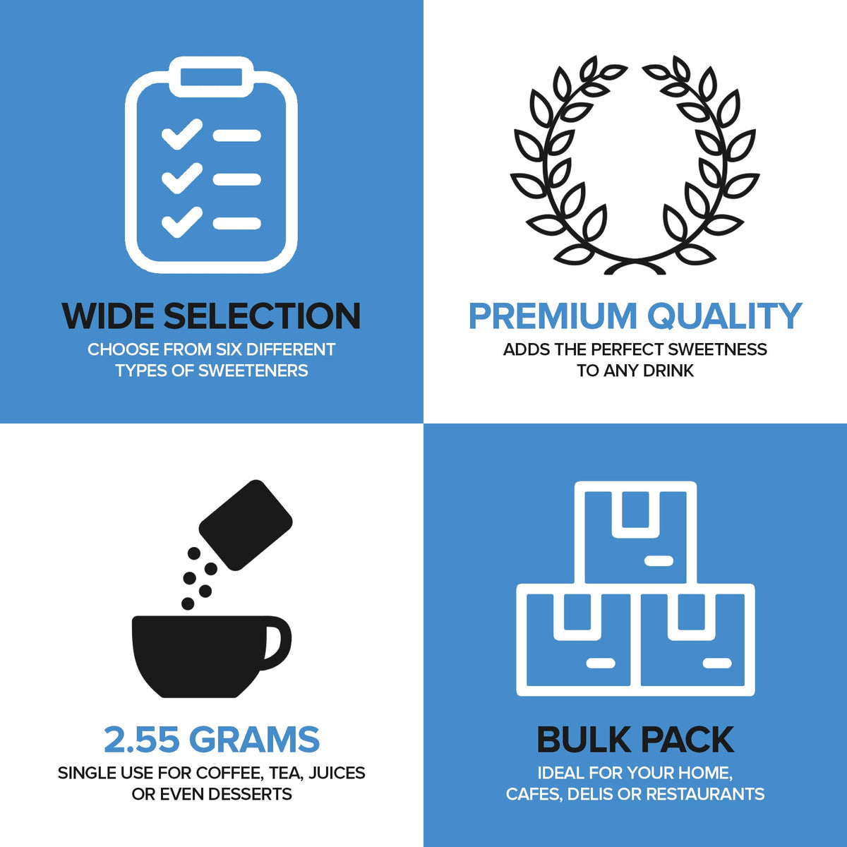 Stock Your Home color-coded packets speed up selecting the right sweetener.