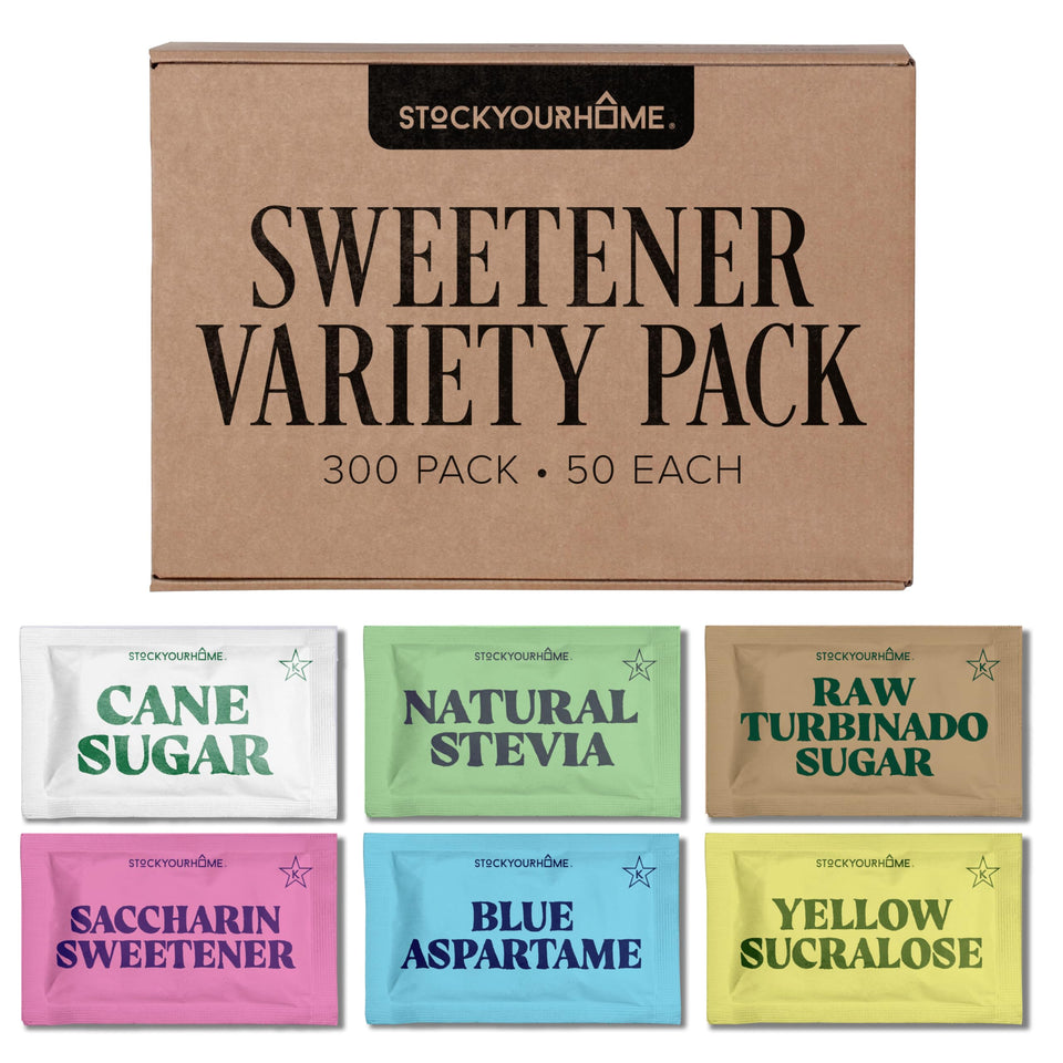 Stock Your Home sweetener variety-pack box enables easy beverage customization at home.