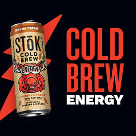 STOK Cold Brew Energy Mocha Cream label close-up Rainforest Alliance beans support sustainable sourcing.