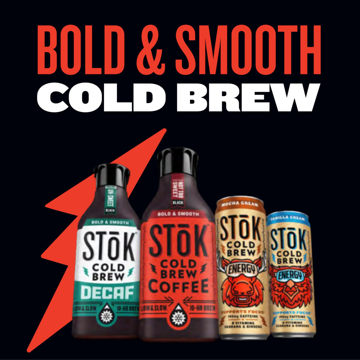 STOK Cold Brew Energy Mocha Cream pack display 12-pack for daily coffee fans.