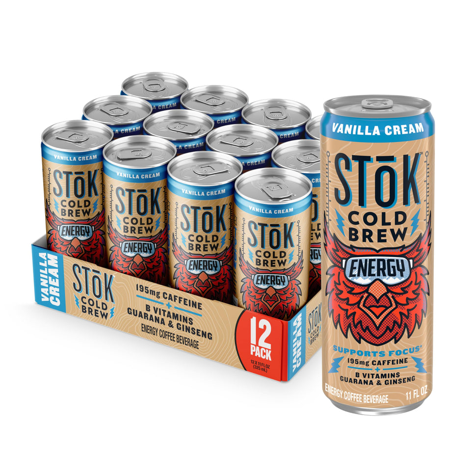 STOK Cold Brew Energy Vanilla Cream can with caffeine boost for focus