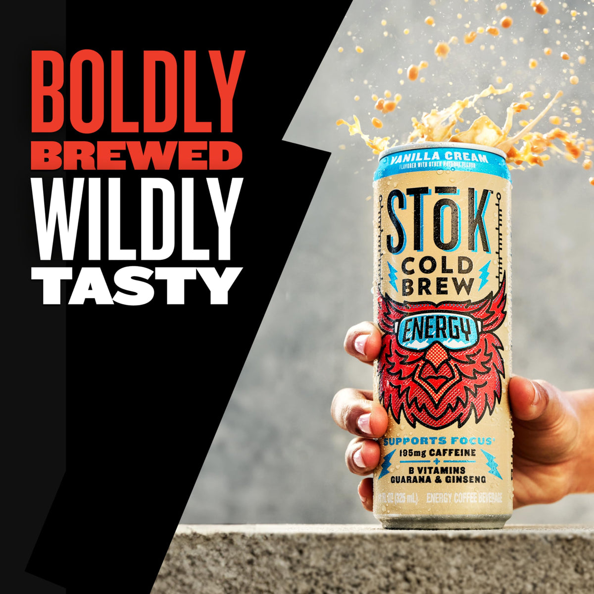 Glass of vanilla cream STOK energy coffee showing creamy flavor