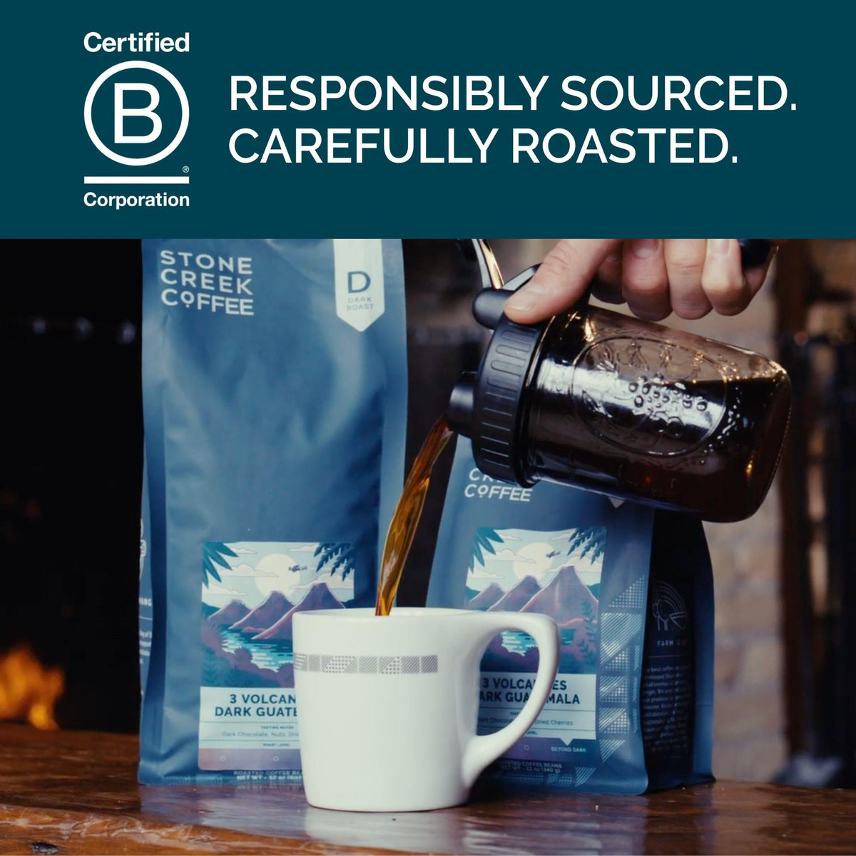 Stone Creek whole bean coffee in cup displaying chocolate and citrus notes