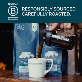 Stone Creek whole bean coffee in cup displaying chocolate and citrus notes