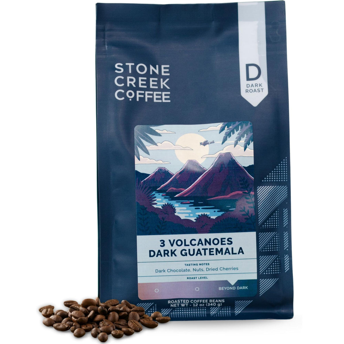Stone Creek Dark Roast beans close-up showing rich color and aroma potential