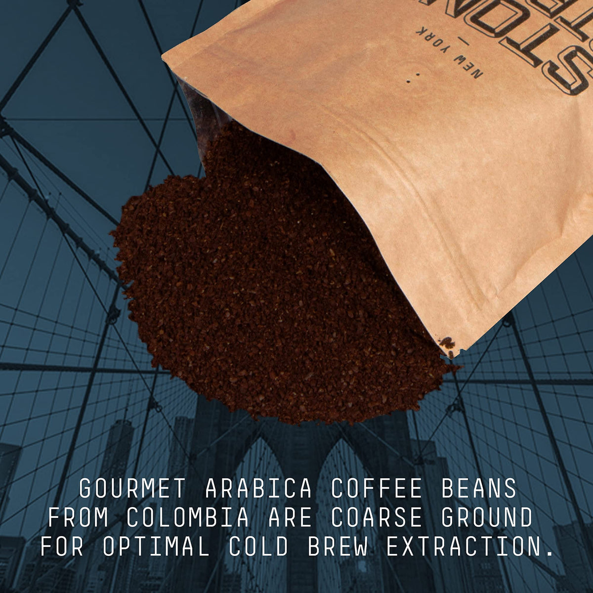 Stone Street Colombian Supremo dark roast beans with nutty chocolate notes.