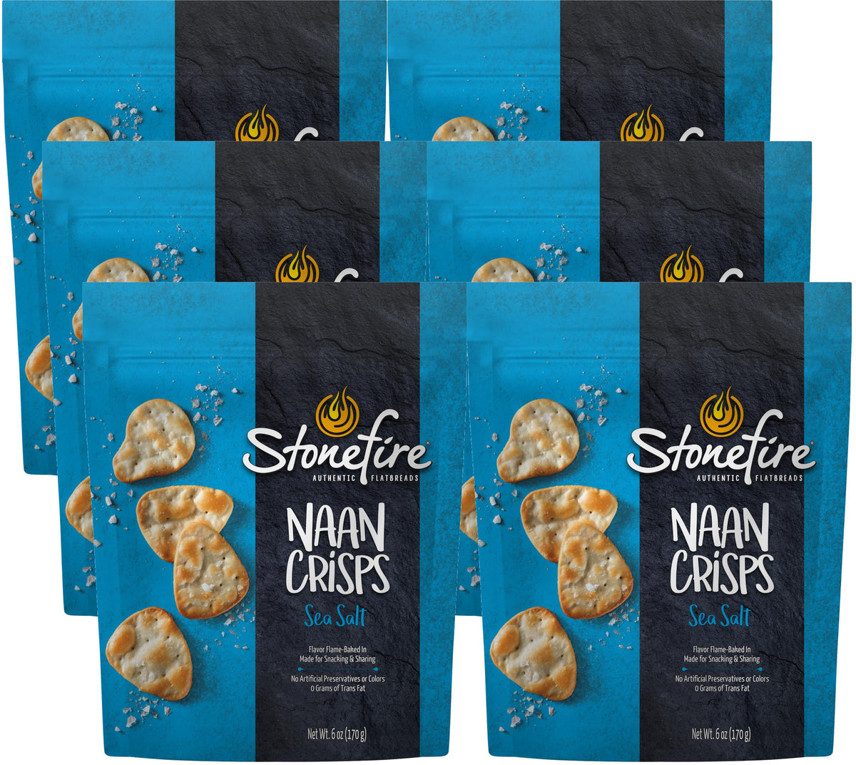 Stonefire Sea Salt Naan Crisps bag view, ready to snack on the go.