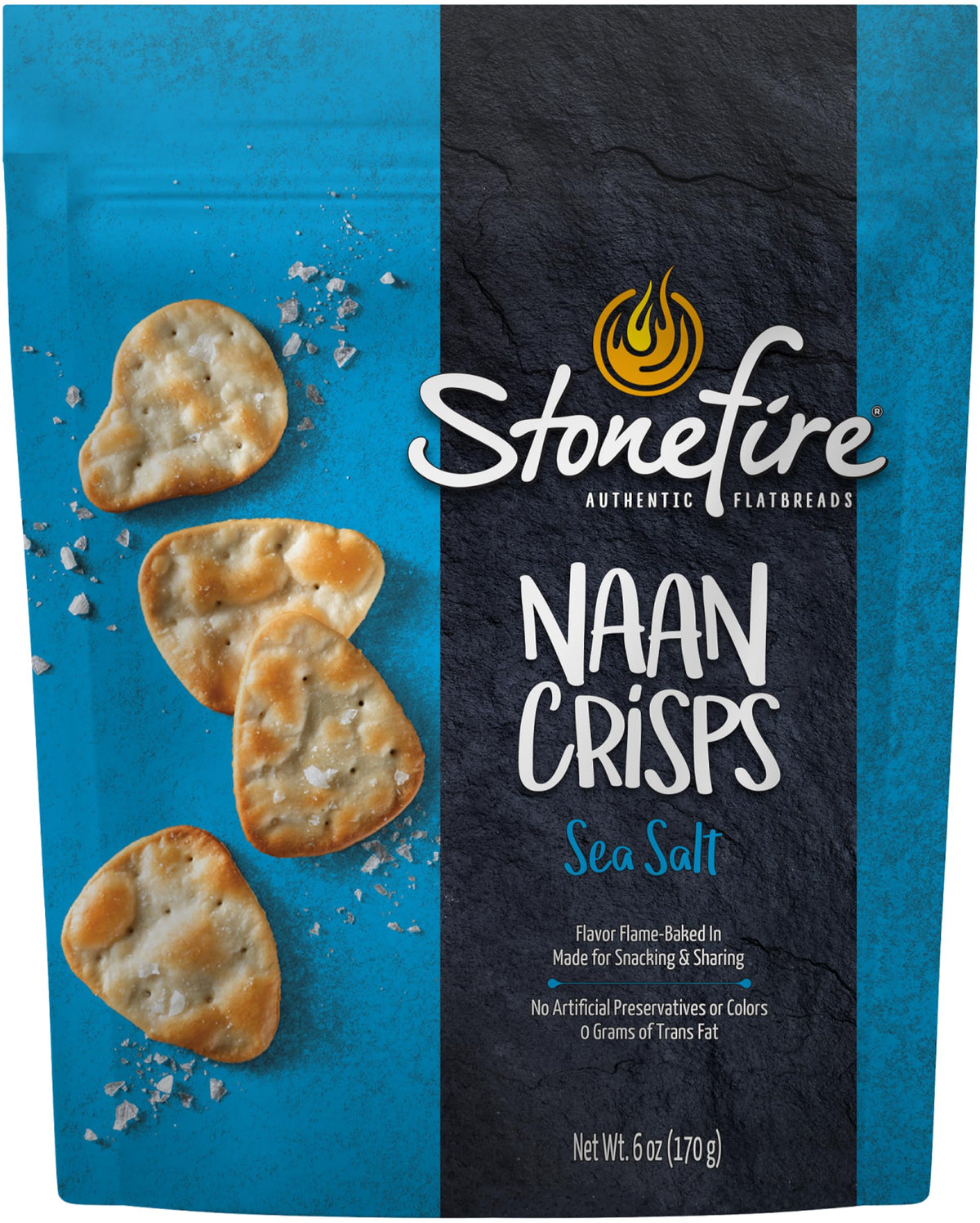 Closeup of Stonefire Sea Salt Naan Crisps texture showing bubbles and crisp edges.