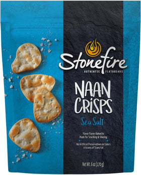 Closeup of Stonefire Sea Salt Naan Crisps texture showing bubbles and crisp edges.