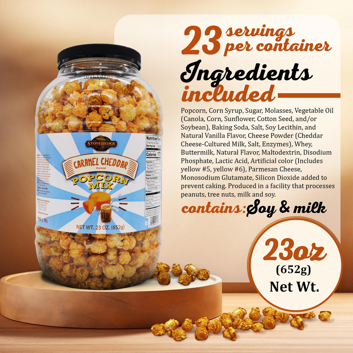 Stonehedge Farms 23oz popcorn barrel; perfect party snack and shareable treat.