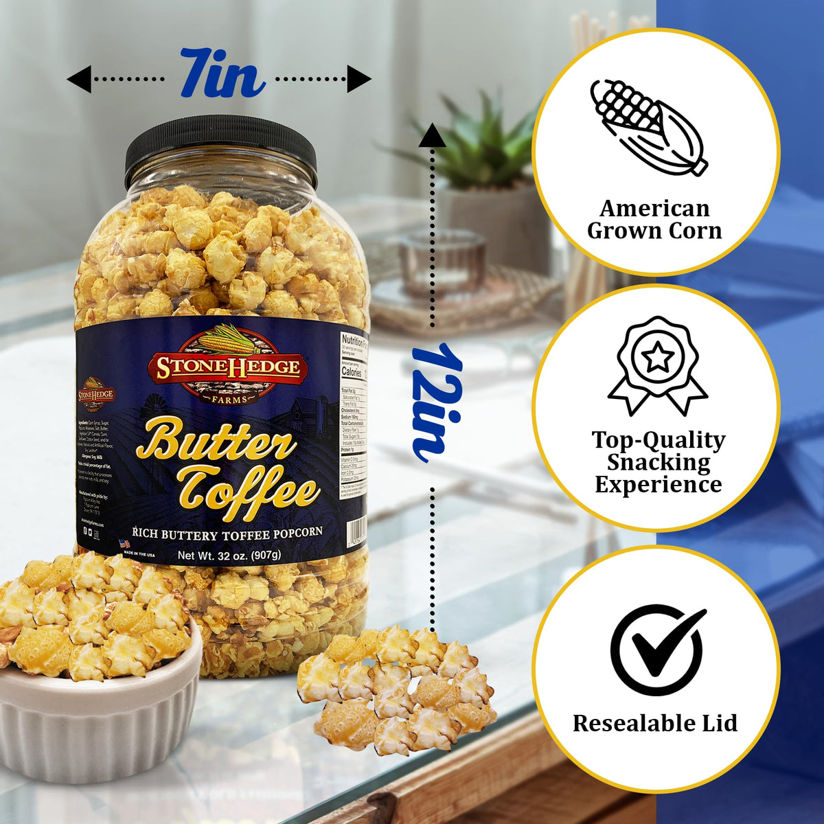 Stonehedge Farms butter toffee popcorn on holiday table, festive centerpiece.