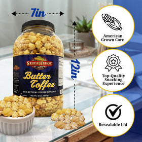 Stonehedge Farms butter toffee popcorn on holiday table, festive centerpiece.