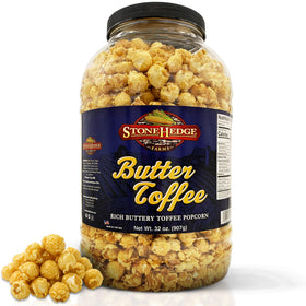 Stonehedge Farms Butter Toffee Popcorn tub front view, inviting movie-night snacking.