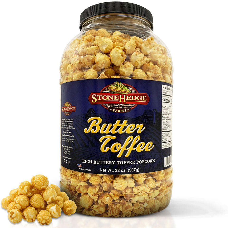 Stonehedge Farms Butter Toffee Popcorn tub front view, inviting movie-night snacking.