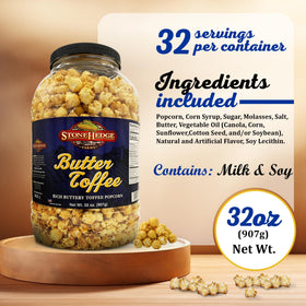 Stonehedge Farms Butter Toffee Popcorn tub open with bowl, perfect party snack.