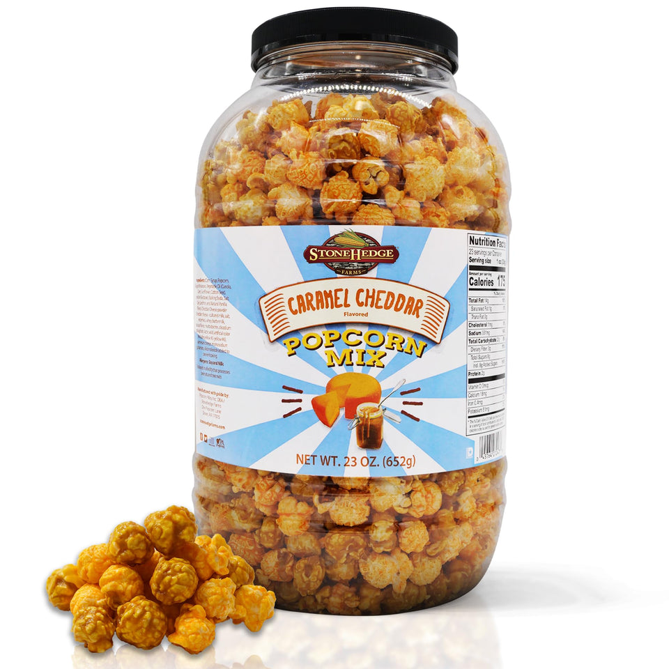 Stonehedge Farms caramel cheddar popcorn mix tub; ideal for gatherings and gifting.