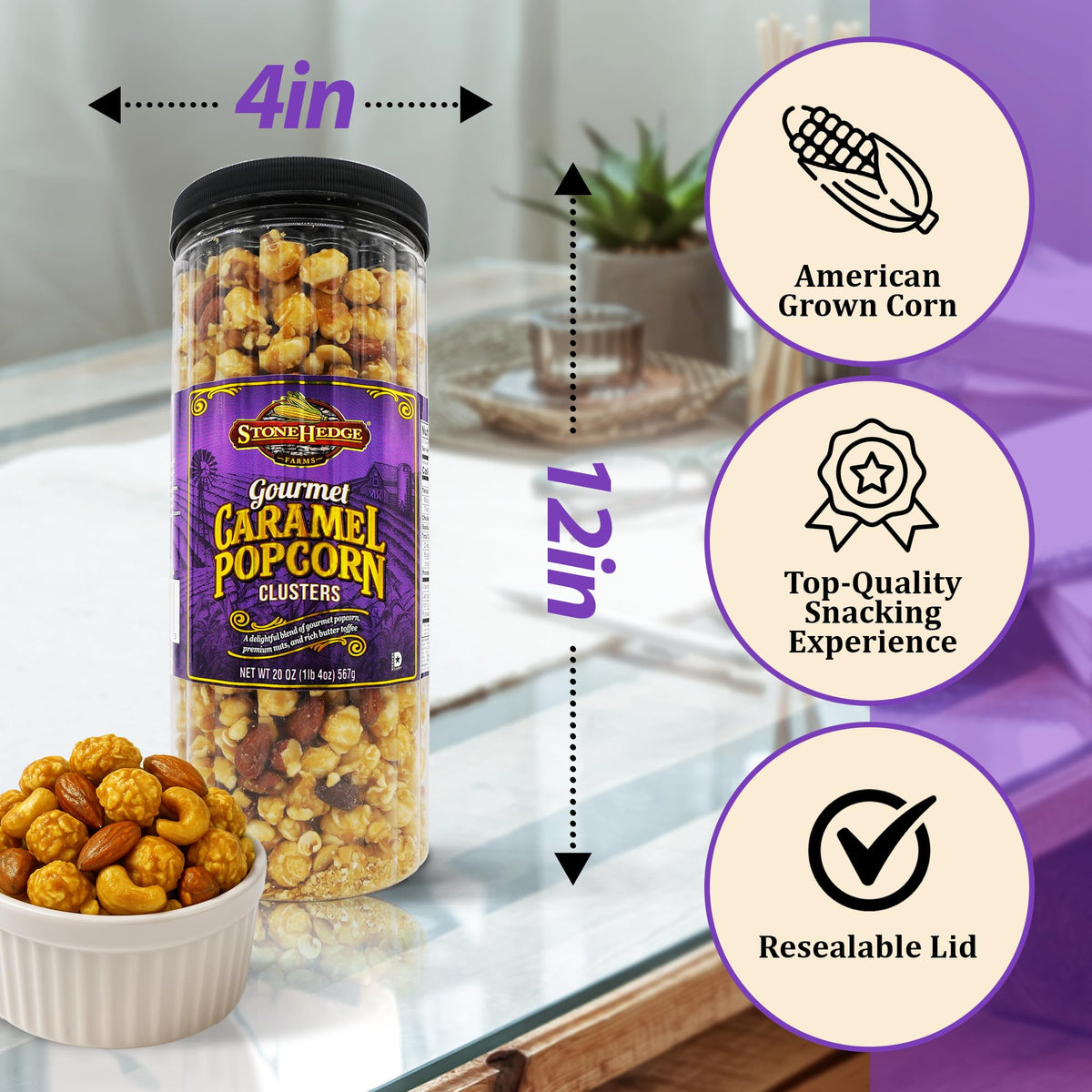 Stonehedge Farms caramel-coated popcorn with nuts offers sweet crunch.