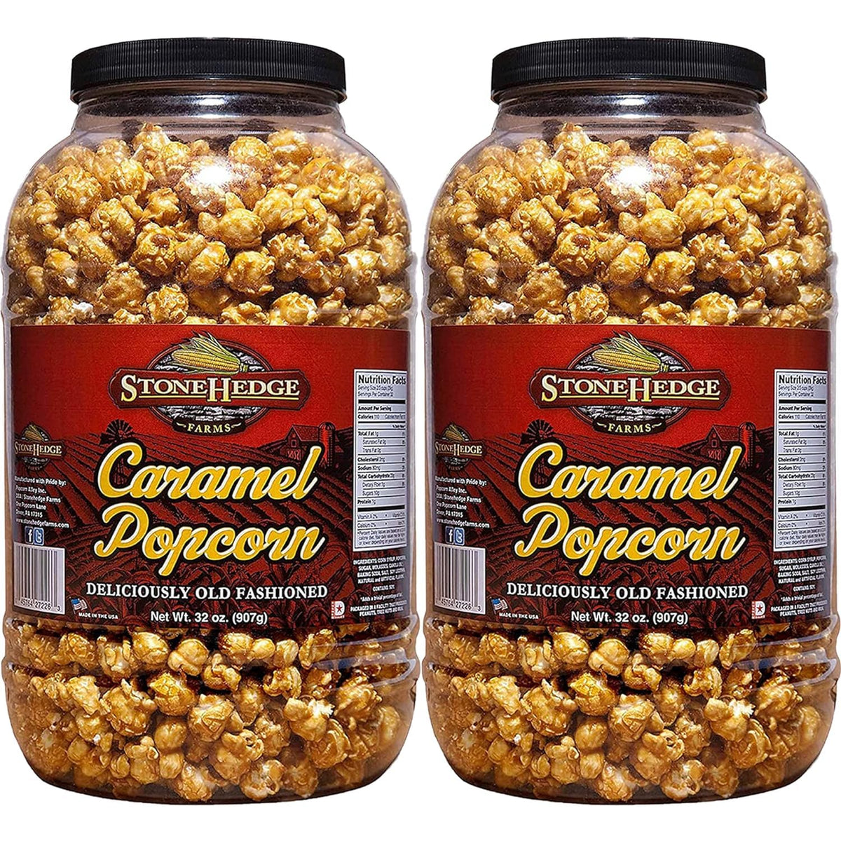 Stonehedge Farms caramel popcorn tub for bulk party snacking.