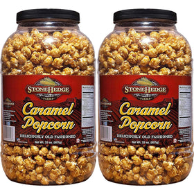 Stonehedge Farms caramel popcorn tub for bulk party snacking.