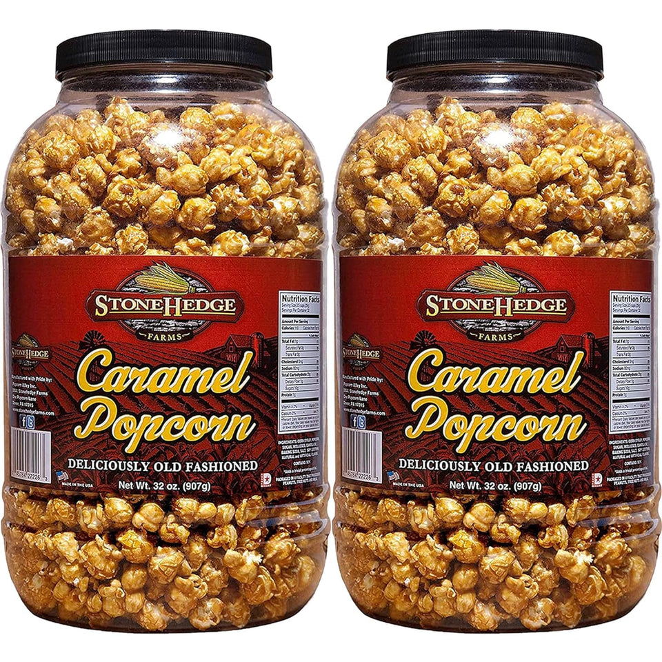 Stonehedge Farms caramel popcorn tub for bulk party snacking.