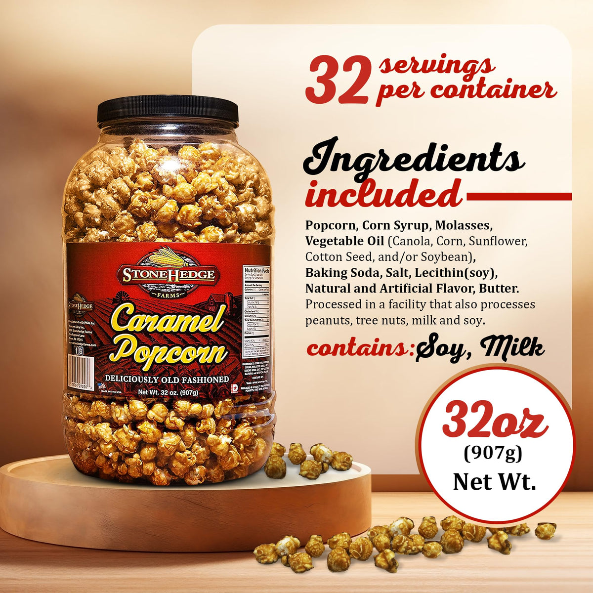 Stonehedge Farms caramel popcorn tub closeup crunch highlights rich caramel coating