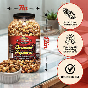 Stonehedge Farms caramel popcorn tub pour shows generous serving size for parties
