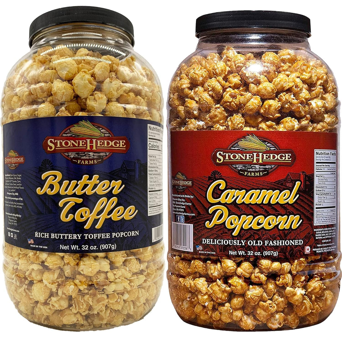 Stonehedge Farms caramel popcorn tub close-up for premium entertaining.