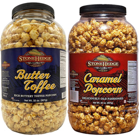 Stonehedge Farms caramel popcorn tub close-up for premium entertaining.