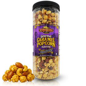 Stonehedge Farms gourmet caramel popcorn clusters in a 20oz tub, perfect for sharing.