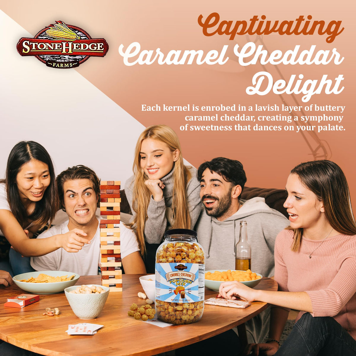Stonehedge Farms gourmet popcorn sharing; great for holiday tables and events.