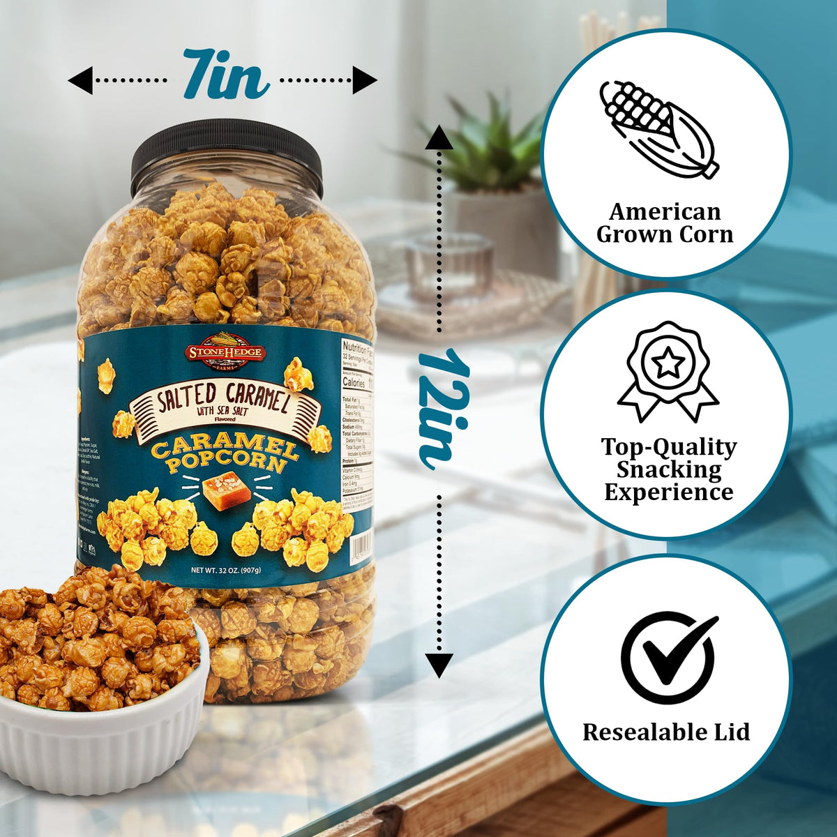 Stonehedge Farms popcorn closeup showing caramel coating and light crunch.