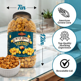 Stonehedge Farms popcorn closeup showing caramel coating and light crunch.